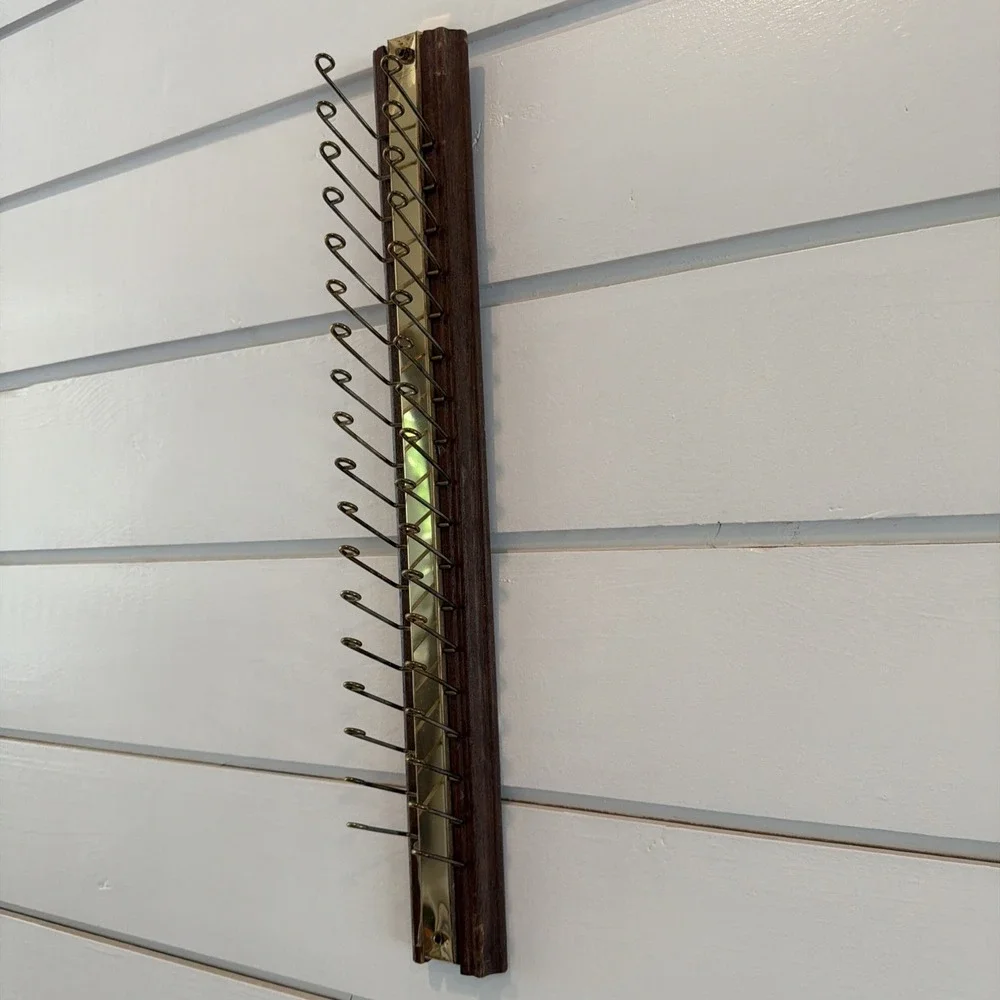 Vintage Tie/Belt Rack Organizer Wall Mount Closet Rod‎ 36 hook Wood/Brass GWB001